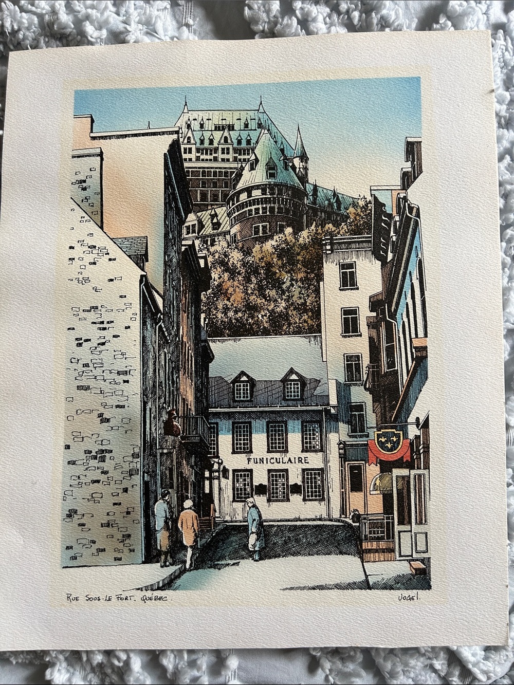 Vintage-Style Quebec Street Scene Art Print in Blue and Tan